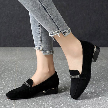 flowersverse Autumn Winter Women Loafers Low Heels Boat Shoes Square Toe Dress Shoes Chain Faux Suede Plush Warm Ladies Shoes