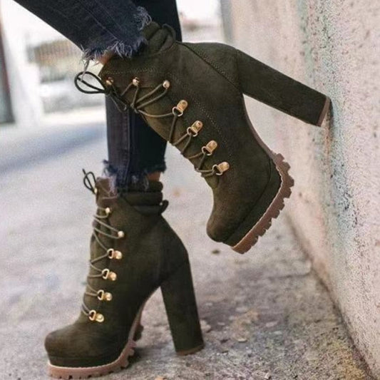 Thanksgiving  flowersverse  New Women's  Boots Fashion Lace-Up Rivets Chunky High Heels Solid Casual Platform Comfort Ankle Boots Bota De Inverno