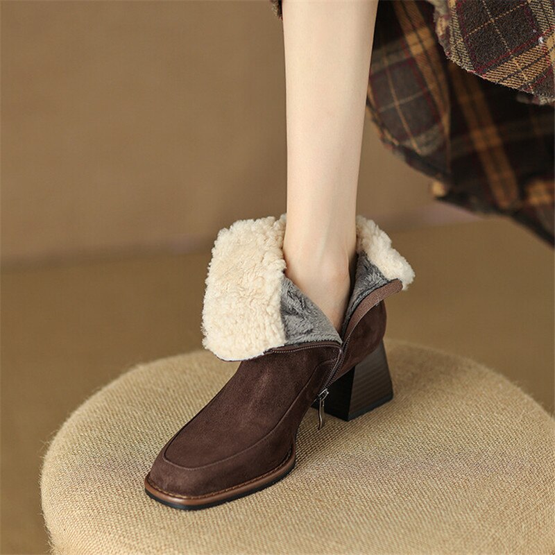 Amozae 2022 New Winter Boots For Women Cow Suede Short Boots Round Toe Thick Heel Women's Warm Shoes High-Heeled Shoes Large Size