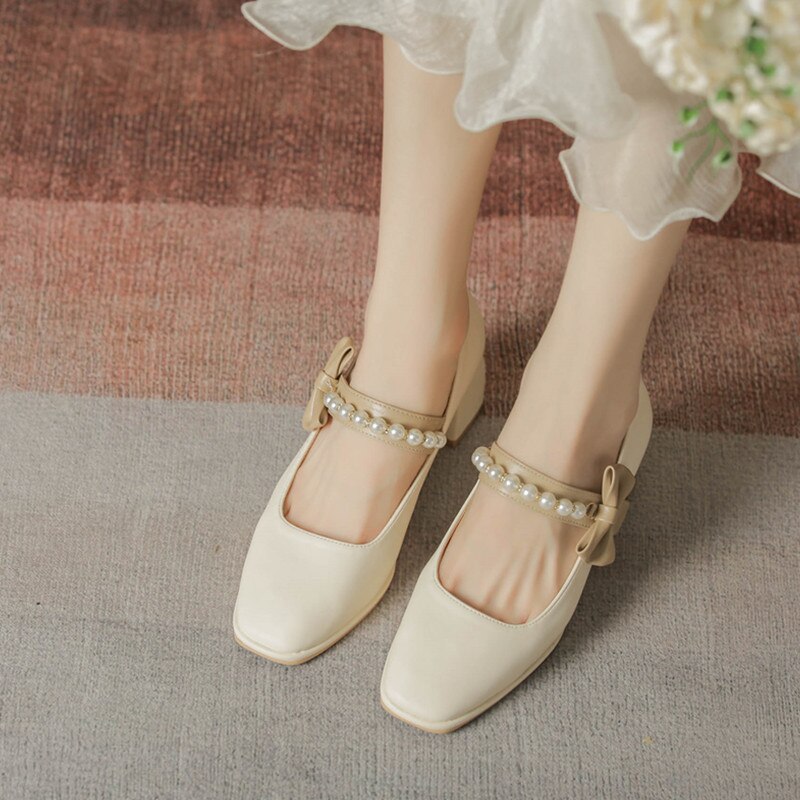 flowersverse Pearl Bow Ladies Shoes Square Head Elegant Thick Heel Women's Shoes Beaded Shallow Mouth High Heels Sweat Dress Female Pumps