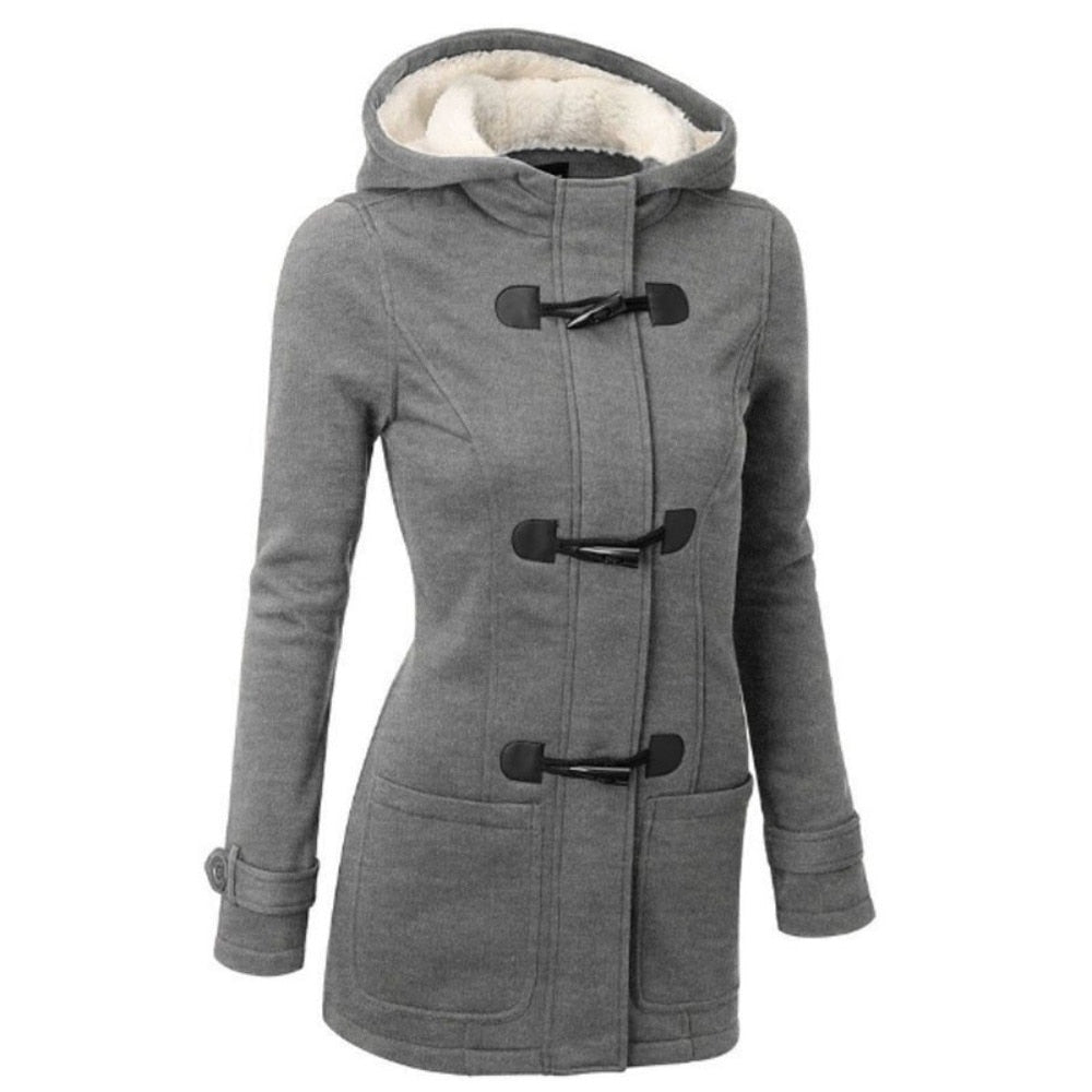 flowersverse Hooded Cotton Blend Classic Horn Leather Buckle Coat Jacket Cotton Coat Women