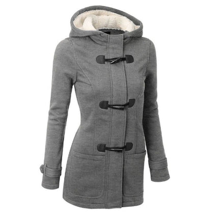 flowersverse Hooded Cotton Blend Classic Horn Leather Buckle Coat Jacket Cotton Coat Women