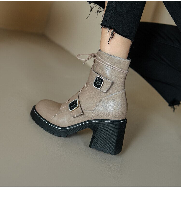 flowersverse  Autumn Winter Round Toe Women Boots Chunky Heel Shoes For Women Short Boots Belt Buckle Side Zipper High Heels Knight Boots