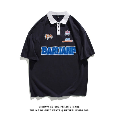 flowersverse American College Style T-shirts Plus Size Mens Short Sleeve Turn-down Collar Tops  Hip Hop Streetwear Male Loose Tee Shirts