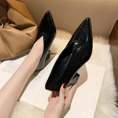 flowersverse  Pointy Patent-Leather Single Women Shoes High Heels Spring Versatile Retro Chunky Single Shoes Zapatos De Mujer