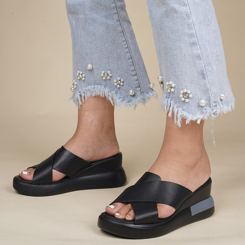 flowersverse Women Slippers Summer Solid High Wedge Heel Round Toe Lady Slides Plus Size Fashion Comfortable Casual Cozy Female Shoes