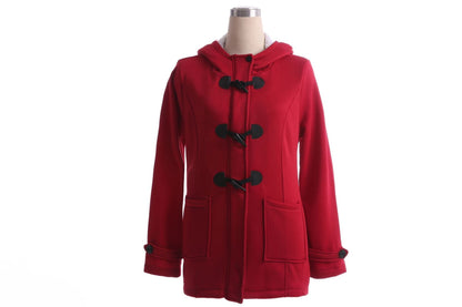 flowersverse Hooded Cotton Blend Classic Horn Leather Buckle Coat Jacket Cotton Coat Women