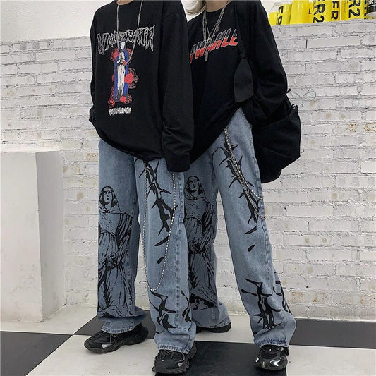 Summer Ins Fashion Street Hip-hop Printing Wash Jeans Loose Casual Denim Wide Leg Pants Tide Woman