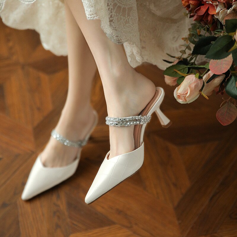 flowersverse  Pointed Ladies Mary Jane Design Elegant Mules Slingback Women's Sandals Summer Chain Pumps High Heels Female Stiletto