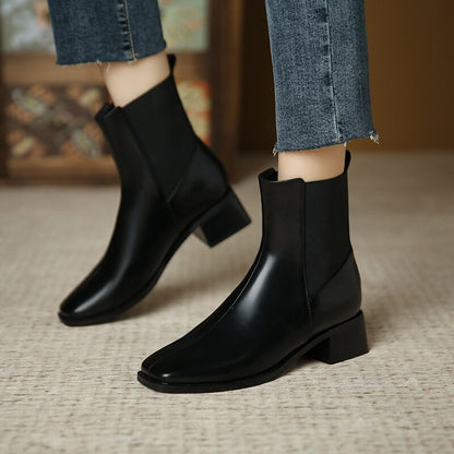 flowersverse Winter Women's Short Boots Straight Square Toe Thick Med Heel Office Lady Boot Fashion Solid Slip-On Females Barrel Shoes