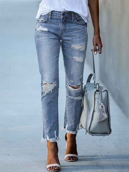 flowersverse Spring/Summer Washed Old Tassel Jeans Women's Mid-waist Solid Color Slim Fit Slim High Elastic Pencil Pants Women  Jeans