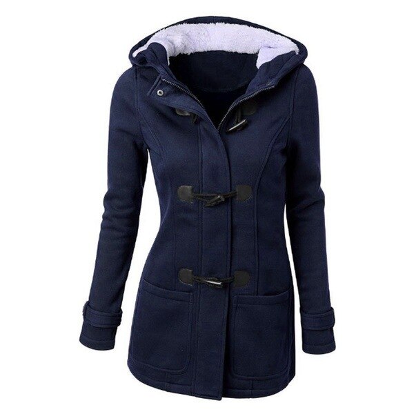 flowersverse Hooded Cotton Blend Classic Horn Leather Buckle Coat Jacket Cotton Coat Women