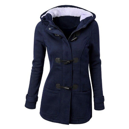 flowersverse Hooded Cotton Blend Classic Horn Leather Buckle Coat Jacket Cotton Coat Women