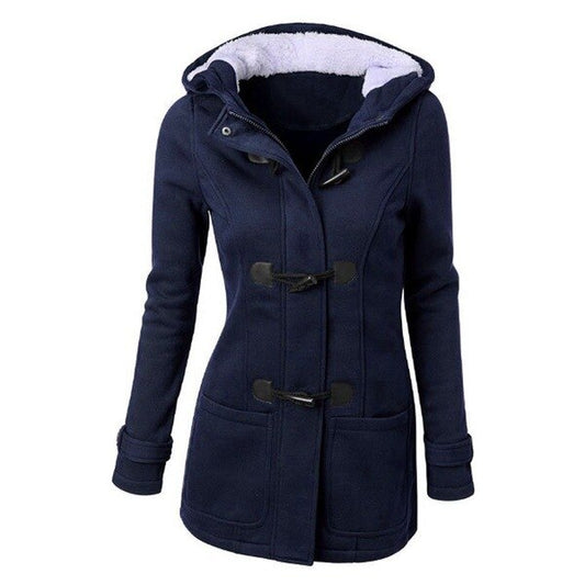 flowersverse Hooded Cotton Blend Classic Horn Leather Buckle Coat Jacket Cotton Coat Women