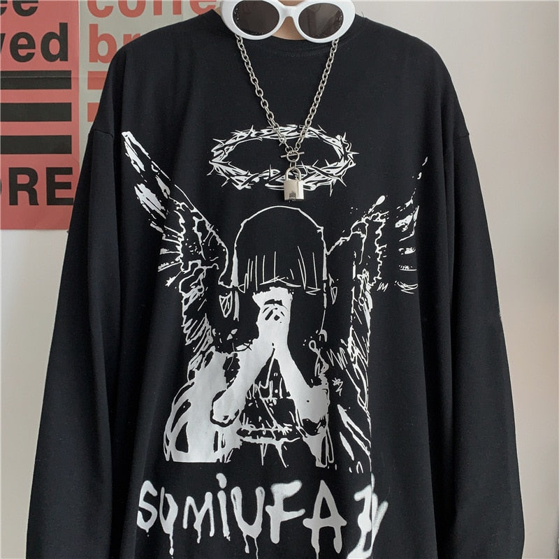 flowersverse Men Long Sleeve T-Shirts Autumn Print Gothic Vintage Ulzzang Cozy High Street Streetwear Trendy Baggy Korean Version Harajuku Bf