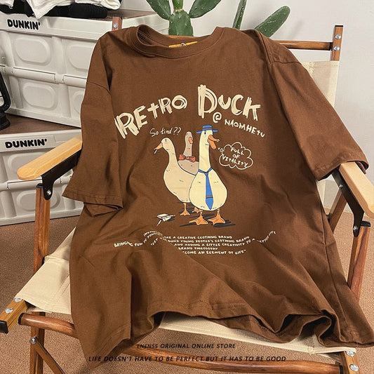 flowersverse Vintage Funny T-shirt for Mens Harajuku Cartoon Ducks Print Graphic T Shirts Y2k Streetwear American Tee Summer Short Sleeve Top