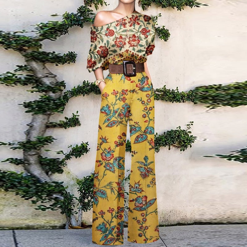flowersverse Women Commute Fashion Jumpsuits Summer Printed Casual One Shoulder Short Sleeve Wide-leg Pants Playsuits Elegant Holiday Rompers