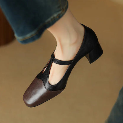 New Genuine Leather Women Mary Jane Shoes Spring Retro Woman Shoes Square Toe Women Pumps Shoes for Women Zapatos De Mujer