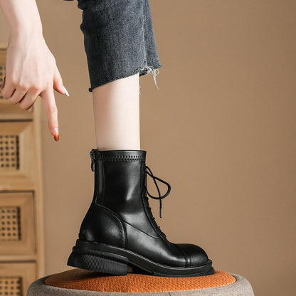 flowersverse New Winter Women Boots British Style Leather Exquisite Retro Thick Heel Short Lady Shoe Fashion Solid Zipper Concise Female Shoe