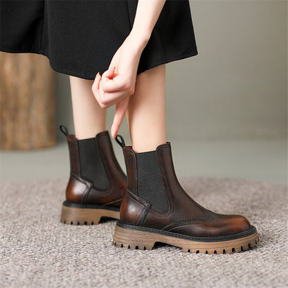 flowersverse New Autumn Winter Round Toe Boots Women Chunky Heel Split Leather Shoes For Women Short Boots Bullock Ankle Boots Platform Heels