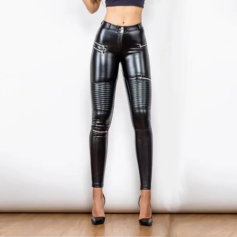 High Waist Faux Leather Moto Pants Women Punk Bodycon Stretchy Slim PU Trousers Streetwear Hip Pop Zip Pants Clubwear New Custom