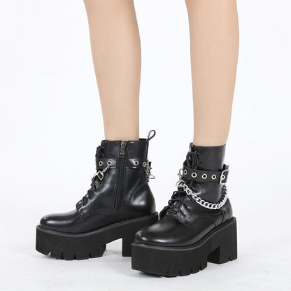 Amozae  Single Boots Thick-Soled High-Heeled Ankle Boots Women's Trendy Round Toe Women's Patent Leather Motorcycle Boots Kobiet Buty