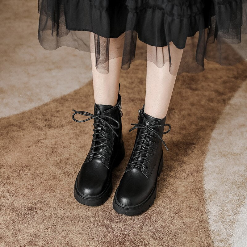 flowersverse Women Short Boots Exquisite Ankle Autumn Spring Thick Sole Lace Up Lady Short Boots Zipper Elastic Slender Knight Boots