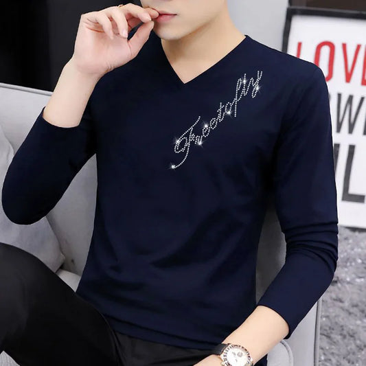 flowersverse  -  Fashion V-Neck All-match Diamonds T-Shirt Men's Clothing Autumn New Oversized Casual Pullovers Tops Loose Korean Tee Shirt