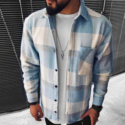 flowersverse Business Casual Plaid Print Wool Shirt Jacket Men  Spring Single Breasted Lapel Top Autumn Pocket Patchwork T-shirt Cardigan
