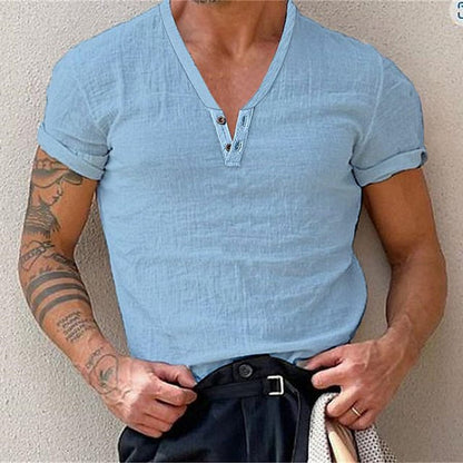 flowersverse Cotton Casual t Shirts Mens Clothing Solid Short Sleeve Polos Shirts Summer Fashion Man Streetwear Button V-neck Tee Tops