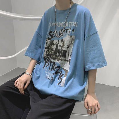 flowersverse Summer Men's Clothing Short Sleeve Loose Trend Fashion Printed Round Neck Casual Hong Kong Breeze Handsome Simplicity T-shirt