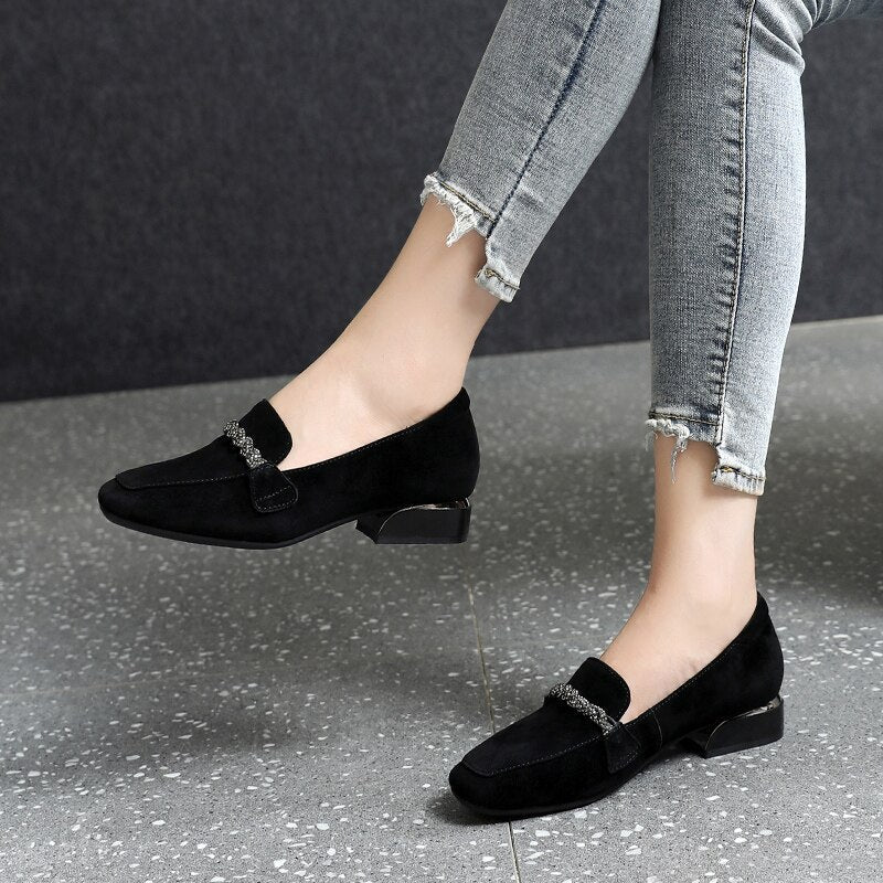 flowersverse Autumn Winter Women Loafers Low Heels Boat Shoes Square Toe Dress Shoes Chain Faux Suede Plush Warm Ladies Shoes