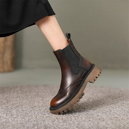 flowersverse New Autumn Winter Round Toe Boots Women Chunky Heel Split Leather Shoes For Women Short Boots Bullock Ankle Boots Platform Heels