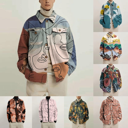flowersverse Eyes Print Hipster Men Jackets Turn-down Collar Shirts Spring Autumn Fashion Cardigan Tops Casual Streetwear England Style