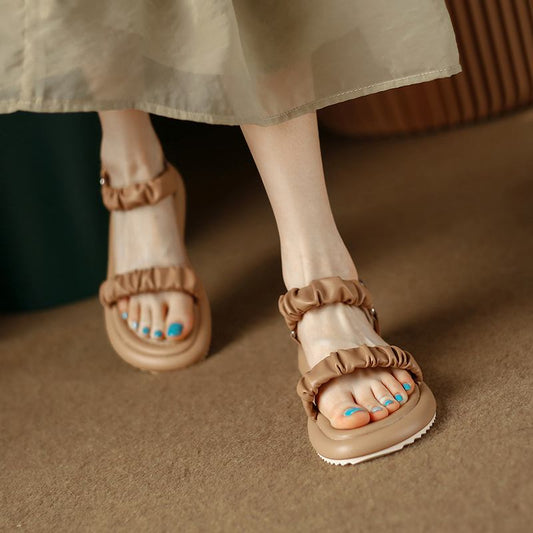 flowersverse New Summer Woman Sandal Open-toe Low-heeled Platform Pleated Decorative Female Slipper Fashion High Quality Simplicity Lady Shoe