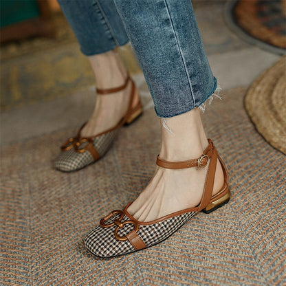 Amozae New French Retro Ladies Flats Korean Style One Line Buckle Female Sandals Fashionable Plaid Thick Heel Women's Shoes