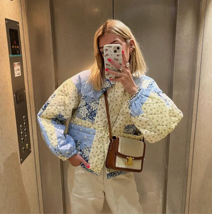 flowersverse Women Green Flower Printed Quilted Warm Coat Autumn Oversized Long Sleeve Cotton Jacket Winter Casual Fashion Streetwear