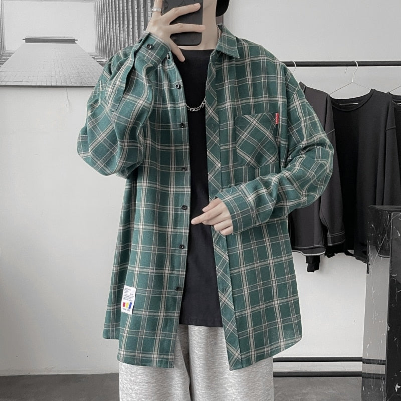 flowersverse Harajuku Plaid Shirt Men Hip Hop Flannel Checked Over Size Shirt High Quality Spring New Oversize Streetwear Green Retro Blouses