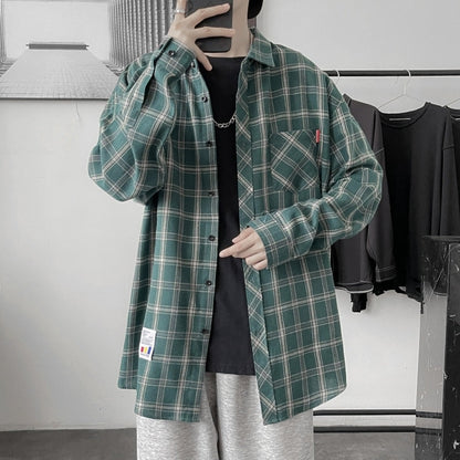 flowersverse Harajuku Plaid Shirt Men Hip Hop Flannel Checked Over Size Shirt High Quality Spring New Oversize Streetwear Green Retro Blouses
