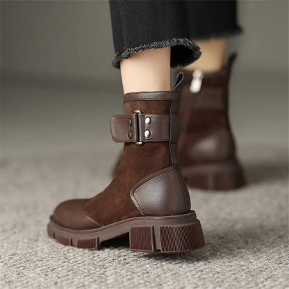 flowersverse  Autumn Round Toe Women Boots Chunky Heel Shoes For Women Short Boots Belt Buckle Ankle Boots Platform Shoes Knight Boots