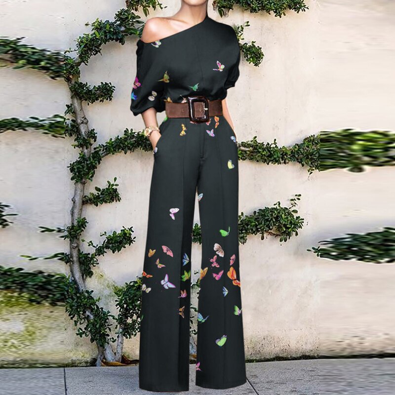 flowersverse Women Commute Fashion Jumpsuits Summer Printed Casual One Shoulder Short Sleeve Wide-leg Pants Playsuits Elegant Holiday Rompers