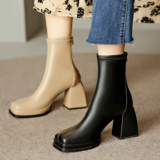 Christmas Gift Woman Platform Fashion Boots New Winter High Heel Ankle Boots Women Chunky Shoes Zipper No-Slip Square Toe Booties Ladies