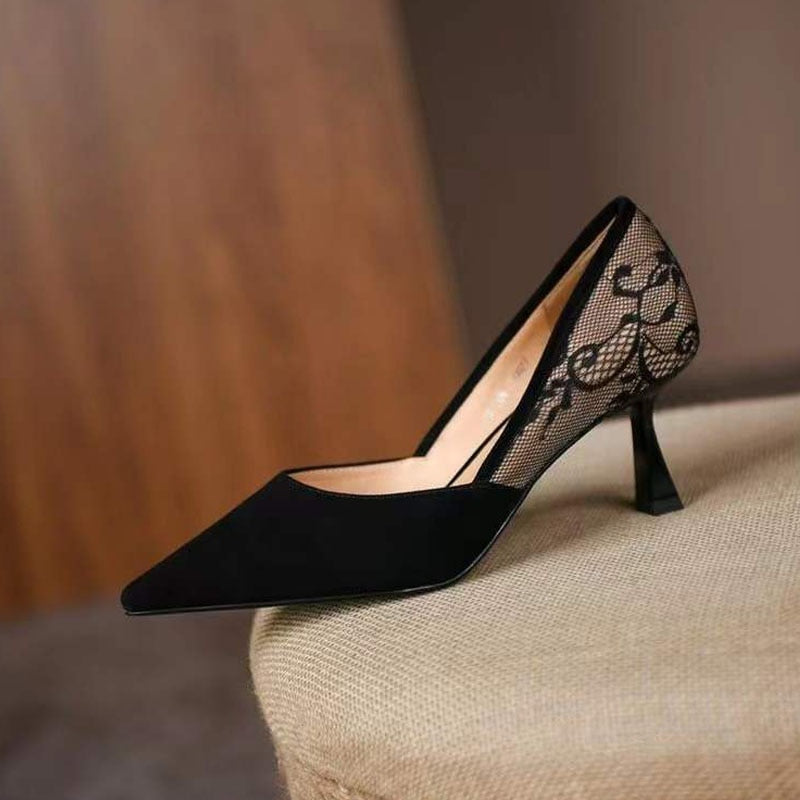 flowersverse Lace Women's Stiletto Retro Pointed Splicing Thin Heel Ladies Pumps New   Fashion Shallow Mouth Female Single Shoes