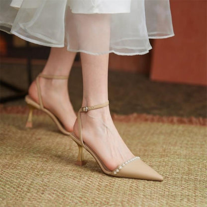 Amozae New Summer Women Sandals Temperament Pearl Pointed Toe Stiletto Females Heels Solid Fashion High Quality Office Ladies Shoes