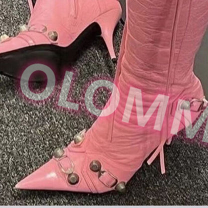 flowersverse New Women Slim High Heel Metal Buckle Chain Luxury Shoes Fashion Comfortable Pointed Toe Ankle Boots Stiletto Party Short Boots