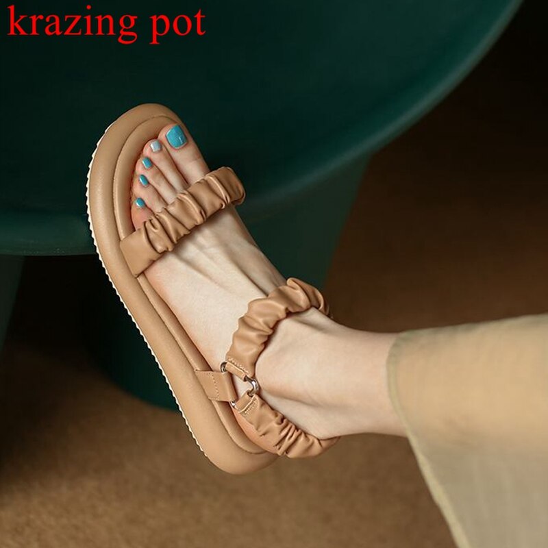 Amozae New Summer Woman Sandal Open-toe Low-heeled Platform Pleated Decorative Female Slipper Fashion High Quality Simplicity Lady Shoe