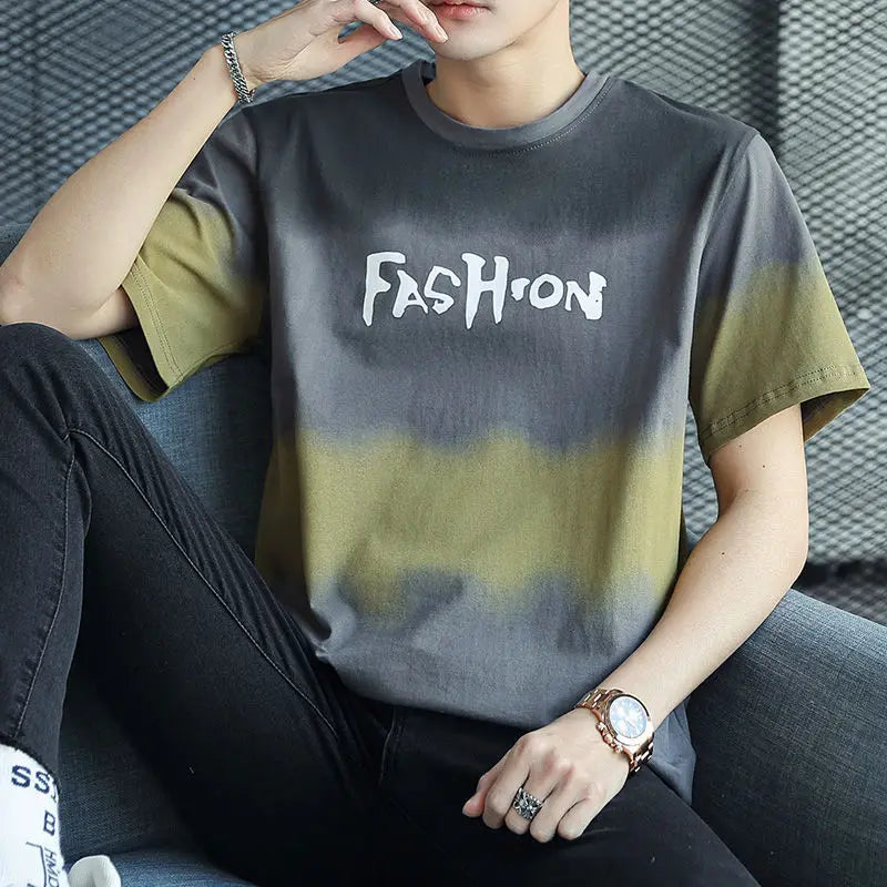 flowersverse  -  Fashion Printed O-Neck Letter Gradient T-Shirt Men's Clothing Summer New Oversized Casual Pullovers Korean Tee Shirt
