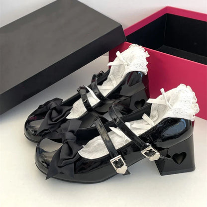 Pink Mary Jane Lolita Shoes Women Autumn Y2K Patent Leather Low Heels Pumps Woman Silk Bowtie Ankle Straps Party Shoes