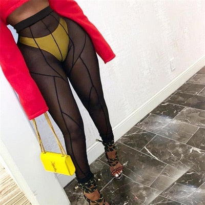 Sexy See-through Black High Waist Long Trousers Casual Sweatpants Women Autumn Elastic Pencil Pants Mesh Leggings