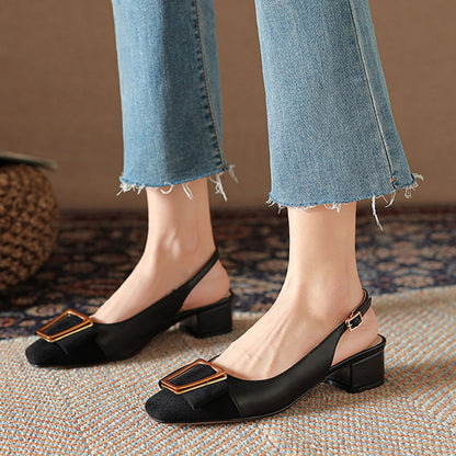 Amozae Stitching Female Shoes Classic Thick Heel Bow Metal Decoration Lady Pumps Simple Square Head Leather Women's Single Shoes